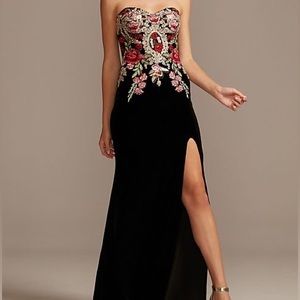 Blondie Nites Embroidered Velvet Strapless Sheath Gown